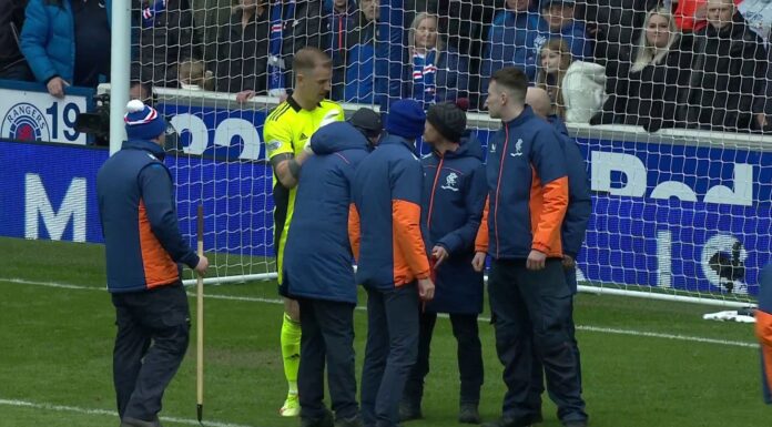 The conflict of historic powers stopped after a glass bottle was thrown onto the sphere Stewards helped clear the penalty area after Joe Hart alerted referee Willie Collum