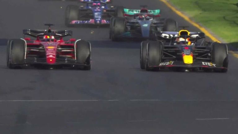 Charles Leclerc and Max Verstappen battle for the lead after restarting the Safety Car at the Australian Grand Prix.
