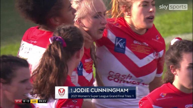 England international and 2023 woman of steel Judy Cunningham split from inside her own half for a stunning attempt in St Helens' Women's Super League final win over Leeds Rhinos.