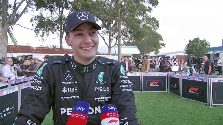 George Russell's reaction to his first Mercedes podium.