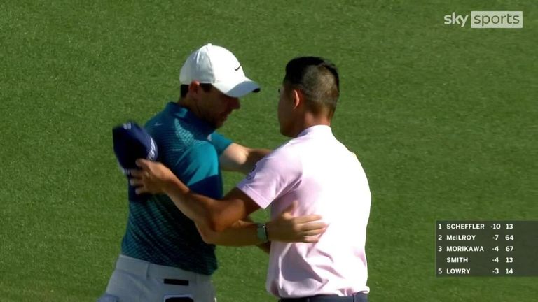 Watch partners Rory McIlroy and Colin Morikawa both go in search of a bird from lair in Hole 72!