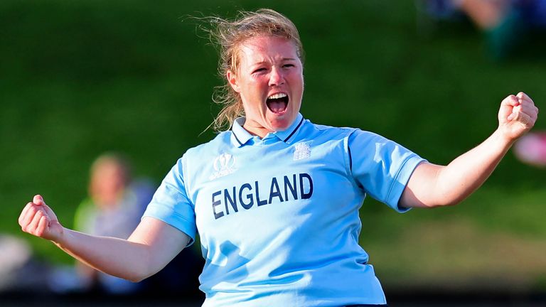 Anya Shrubsole celebrates after firing Laura Wolvaardt for a duck