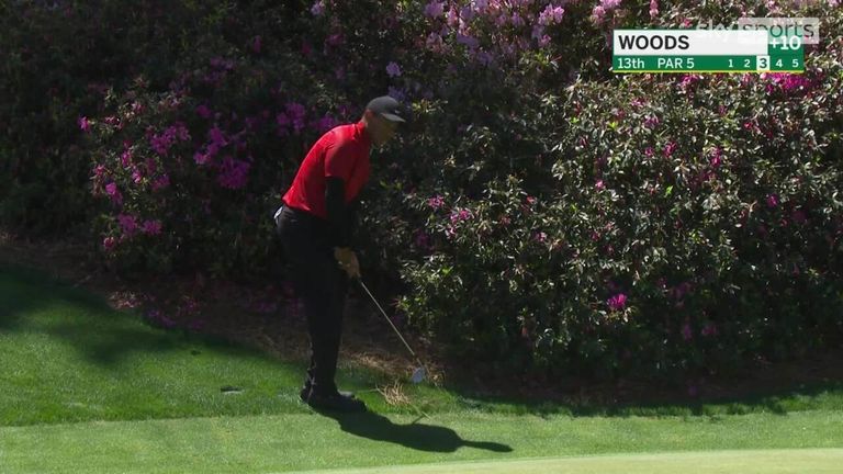 Watch Woods shot left from the bush trying to make a bird on the 13th