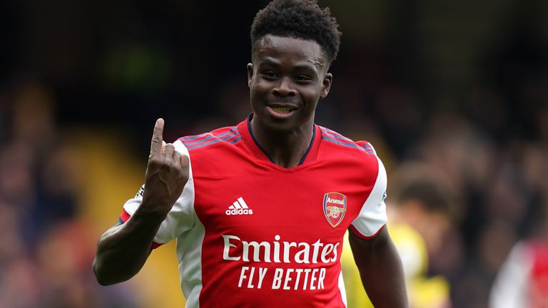 Bukayo Saka celebrates Arsenal's second goal in the match