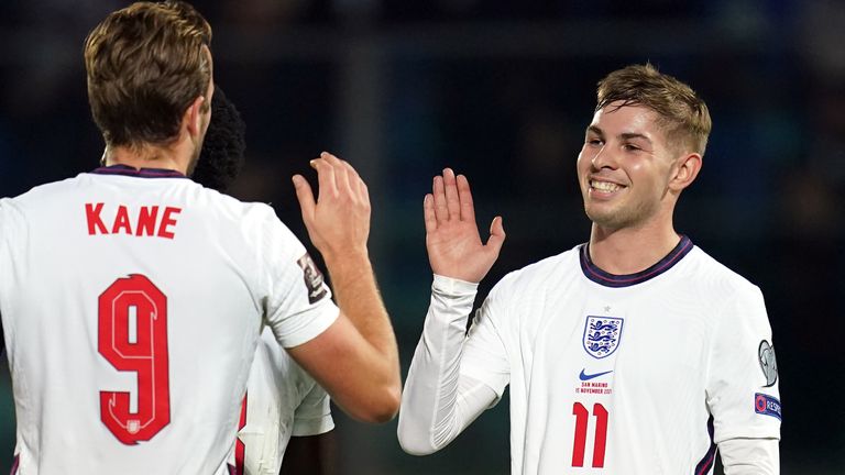 Harry Kane and Emile Smith Rowe celebrate during England's victory over San Marino