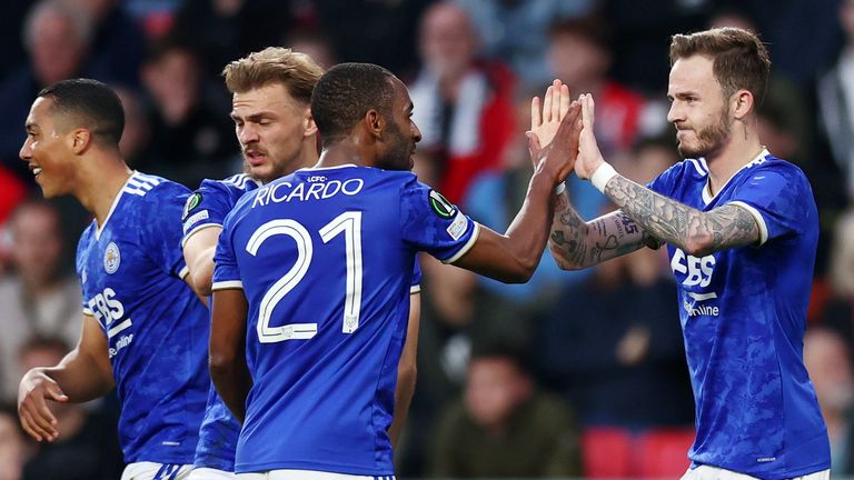 James Maddison celebrates with teammate Ricardo Pereira after the draw against PSV Eindhoven