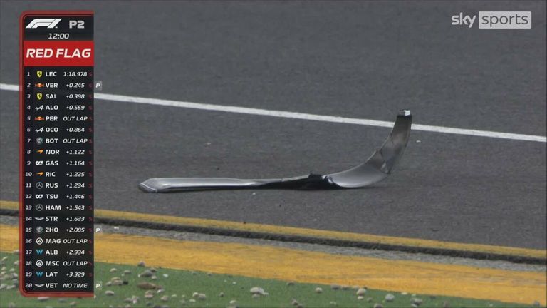 Lance Stroll displays a red flag as he climbs onto the curb and loses part of his car.