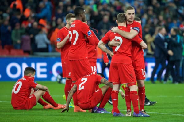 LONDON, England - Sunday 28 February 2016: Liverpool captain Jordan Henderson and his teammates looked dejected after losing in a penalty shootout to Manchester City during the Football League Cup final at Wembley Stadium. (pic David Rawcliffe/publicity)