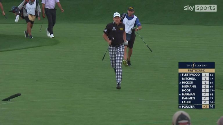 Ian Poulter was determined to finish his Tour before the light failed and raced around 17th at TPC Sawgrass.