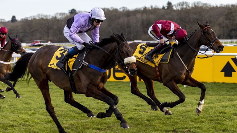 Glory And Fortune is ridden by jockey Stan Shepard (left) to win the Betfair Hurdle