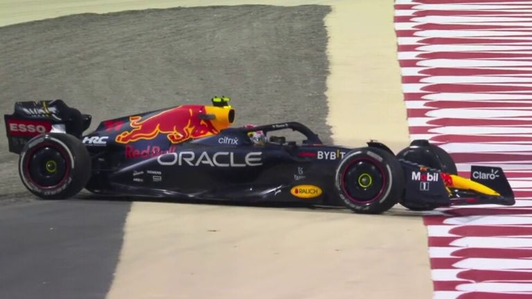 Sergio Perez beaches his Red Bull and ends the afternoon session of the Bahrain Test