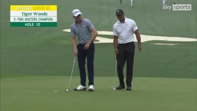 Tiger Woods and Justin Thomas practice their pool together in the 10th green competition at The Masters in Augusta.