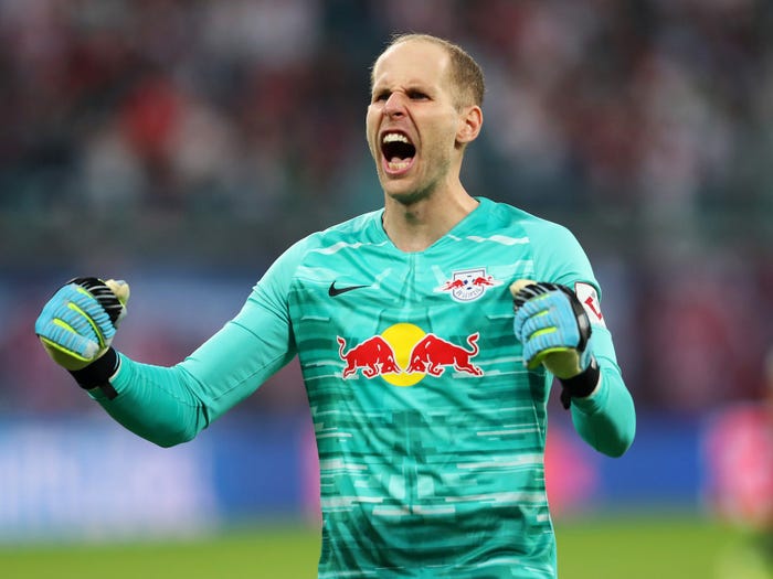 Peter Gulacsi celebrates a win for RB Leipzig