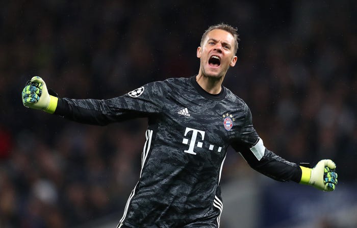 Manuel Neuer of FC Bayern Munich celebrates his team's third goal during the UEFA Champions League group B match against Tottenham Hotspur in 2019