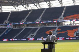 Former U.S. men’s national soccer team player DaMarcus Beasley speaks during a press conference, Wednesday, July 28, 2023, at TQL Stadium in the West End neighborhood of Cincinnati, Ohio, announcing that the United States men’s national soccer team has selected TQL Stadium as the host venue for its World Cup Qualifier match against Mexico on Nov. 12. Both teams need to win to make it to the 2023 World Cup next in Qatar.