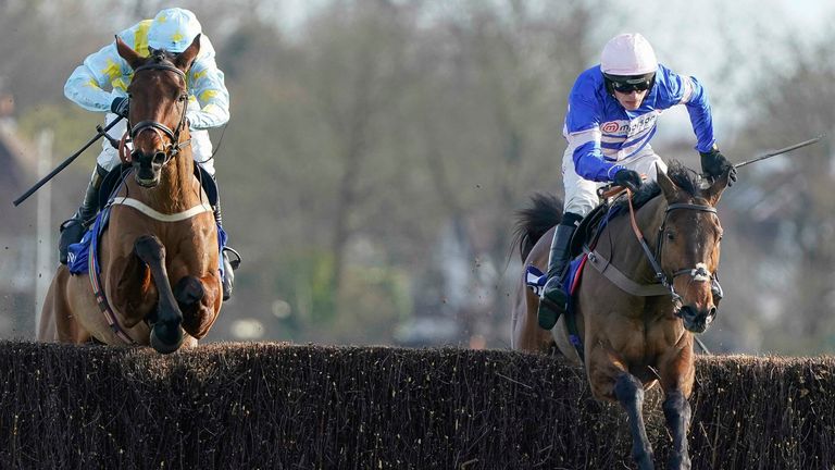 Sunbury, England - Feb 26: Harry Cobden rides Pic D'  Orhy (R) cleared last to win The Coral Pendil Novices' #39;  Chase at Kempton Park Racetrack on February 26, 2023 in Sunbury, England.  (Photo by Alan Crowhurst/Getty Images)