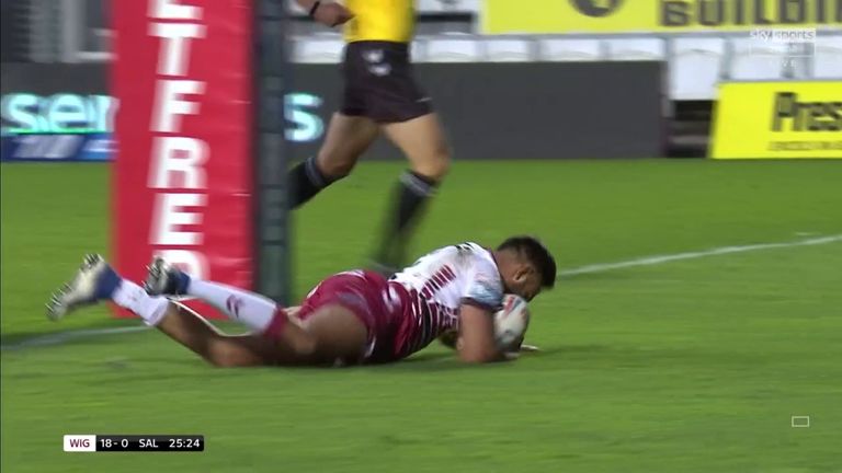Look at Bevan French's incredible hat-trick for Wigan Warriors against Salford Red Devils in 2020