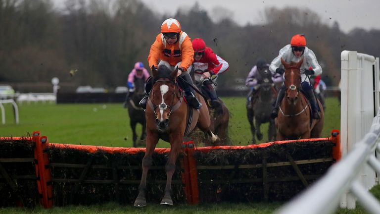 Meteer ridden by jockey Sean Bowen (centre) clears an obstacle on his way to winning the Sovereign Hurdles 