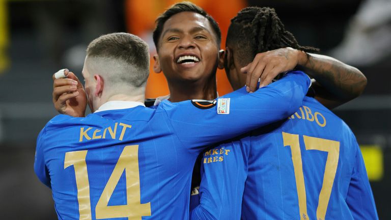 Alfredo Morelos celebrated one of his goals for Rangers against Dortmund