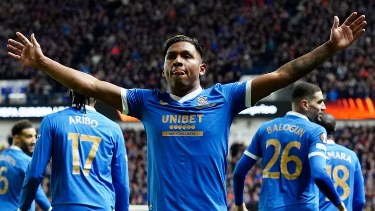Rangers Alfredo Morelos celebrates scoring his second goal for his team