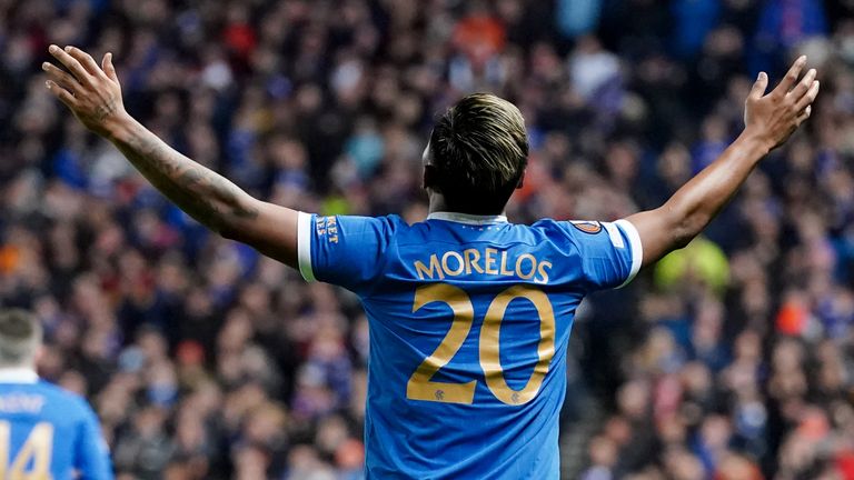 Rangers Alfredo Morelos celebrates scoring his second goal for his team