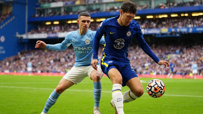 Chelsea's Andreas Christensen is under pressure from Phil Foden