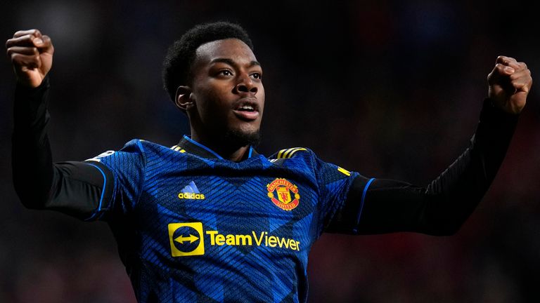 Anthony Ilanga, Manchester United, celebrates after scoring the equalizer
