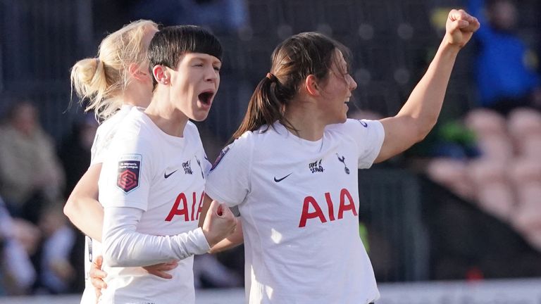 Tottenham Hotspur&#39;s Ashleigh Neville (centre) celebrates with teammates after scoring their side&#39;s second goal of the game