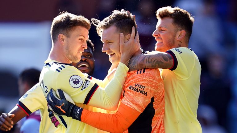 Bernd Leno, Ben White and Rob Holding celebrate their victory over Aston Villa