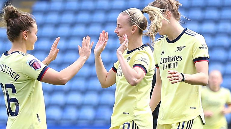 Beth Meade celebrates Arsenal's opener against Leicester
