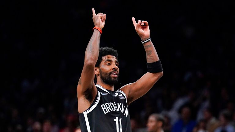 Brooklyn Nets' Kyrie Irving's reaction after dumping a basket during the second half of the inaugural NBA play-in basketball game against the Cleveland Cavaliers, Tuesday, April 12, 2023, in New York. (AP Photo / Seth Wenig)