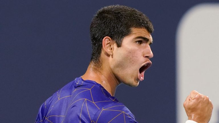 Carlos Alcaraz, 18, defeated Stefanos Tsitsipas for the second time in his career to reach the quarter-finals of the Miami Open.