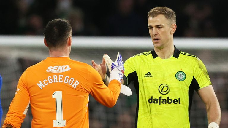 GLASCOW, Scotland - FEBRUARY 2: Full-time goalkeepers Alan McGregor and Joe Hart during a Premier League match between Celtic and Rangers at Celtic Park, on February 2, 2023, in Glasgow, Scotland.  (Photo by Craig Williamson/SNS Group)