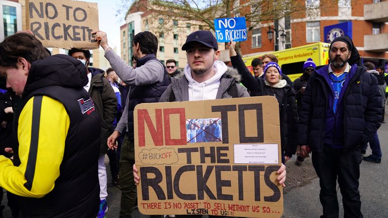 Chelsea fans protest outside the stadium against possible sale of the club to the Ricketts family