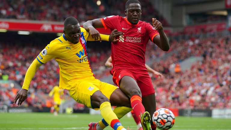 Crystal Palace's Christian Benteke and Ibrahima Konate compete for the ball