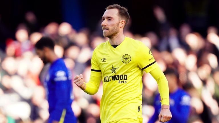 Christian Eriksen celebrates Brentford's victory over Chelsea