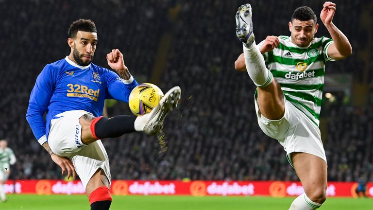 Glasgow, Scotland - Feb 02: Rangers'  Conor Goldson (left) and Celtic's Giorgos Giacomakis during a Premier League match between Celtic and Rangers at Celtic Park, on February 2, 2023, in Glasgow, Scotland.  (Photo by Rob Casey/SNS Group)