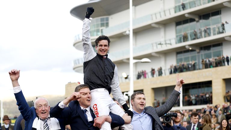 Danny Mullins was hoisted around the Cheltenham parade ring by the owners Flooring Porter after his victory at Stayers'  obstacle