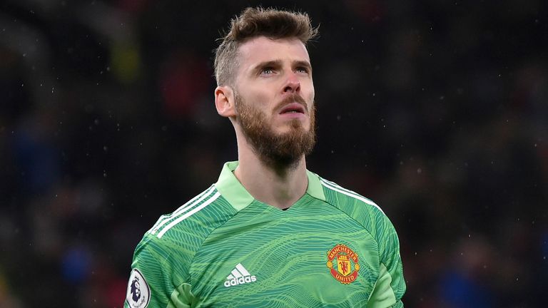 Manchester United goalkeeper David de Gea during the Premier League soccer match between Manchester United and Brighton & Hove Albion at Old Trafford in Manchester, England, Tuesday, February 15, 2023. (AP Photo/Rui Vieira) ..