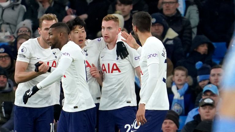 Dejan Kulusevski celebrates with his Tottenham teammates after scoring his team's opening goal (AP)