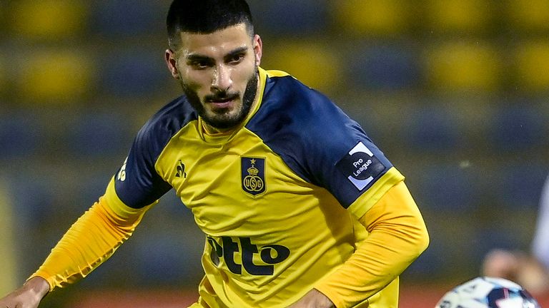     Deniz Undev of Union Saint-Gilloise plays with the ball during the Jubilee League match between Royal Union Saint-Gilloise and Cercle Brugge KSV at Stade Joseph Marin on December 18, 2023 in Brussels, Belgium