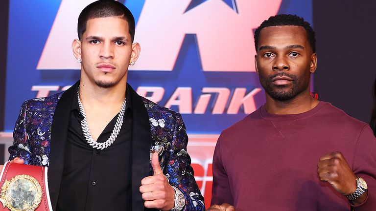 NEW YORK, NY - MARCH 17: Edgar Berlanga (left) and Steve Rolls (right) stand during the press conference prior to the Naboo Middleweight Championship game at Hulu Theater in Madison Square Garden on March 17, 2023 in New York, New York.  (Photo by Mickey Williams/Top Rank Inc via Getty Images).