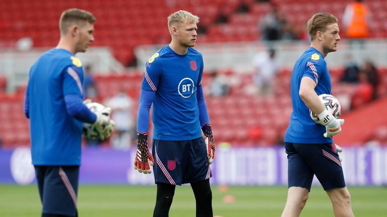June 6, 2023, Middlesbrough, UK: Middlesbrough, England, June 6, 2023. Dean Henderson, Aaron Ramsdale and Jordan Pickford of England provide a hot update for the international friendly match at Riverside Stadium, Middlesbrough.