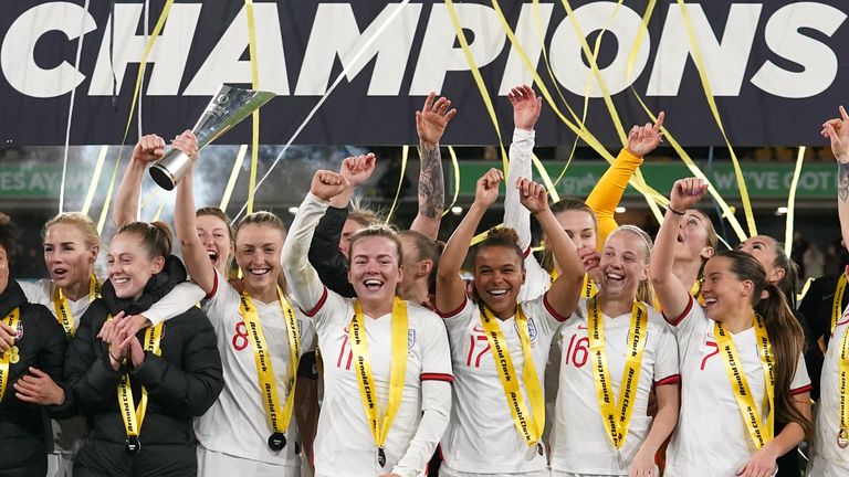 England won the Arnold Clark Cup after two late goals saw them beat Germany 3-1