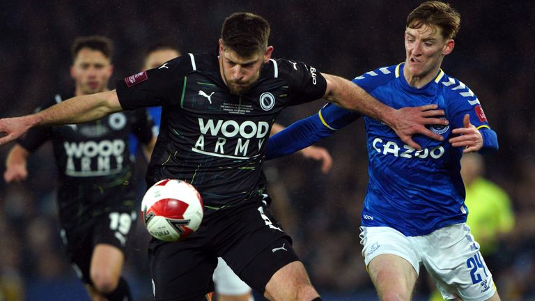 Boreham Wood Will Evans and Everton Anthony Gordon compete for the ball 