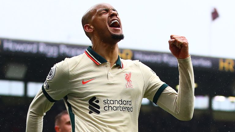 Fabinho celebrated after giving Liverpool the lead at Turf Moor