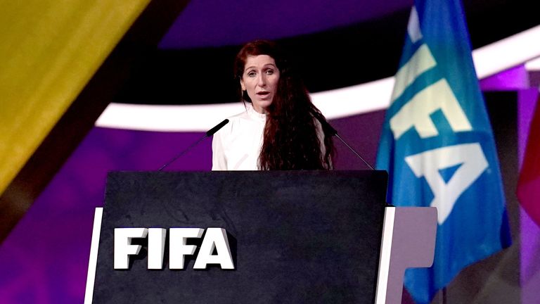     Liz Clavins speaking at the FIFA Conference in Doha