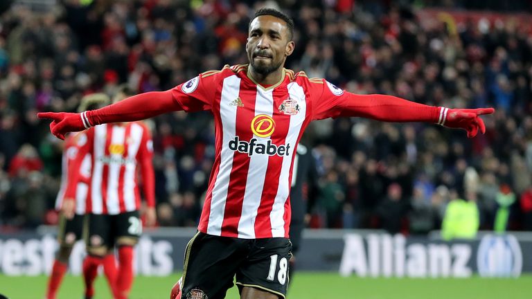Sunderland celebrated Jermain Defoe scoring his team's second goal of the match from a penalty kick during the Premier League match at the Stadium of Lights, Sunderland.