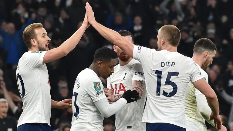 Tottenham players celebrate after Lucas Moura scored his team's second goal against West Ham