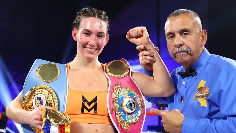 COSTA MESA, CA - APRIL 9: Michaela Mayer stuns after defeating Jennifer Hahn during the WBO and IBF Junior Lightweight Championships at The Hangar on April 09, 2023 in Costa Mesa, California.  (Photo by Mickey Williams/Top Rank Inc via Getty Images)